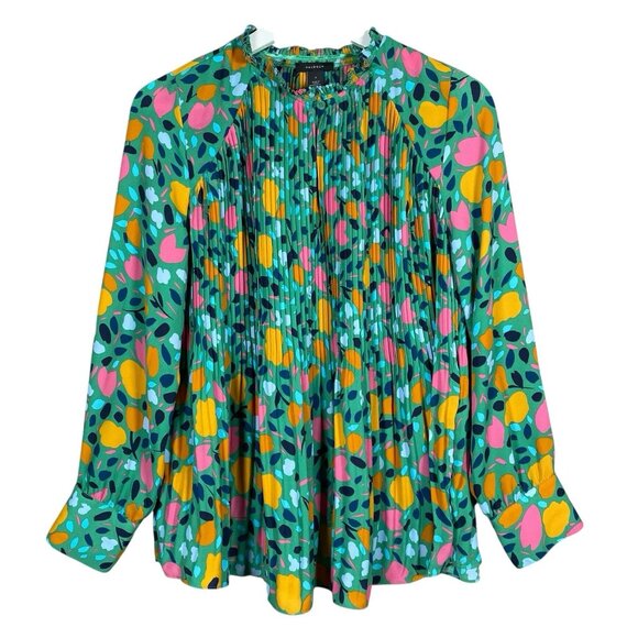 Halogen Pleated Long Sleeve Blouse S Colorful Abstract Floral Print Ruffle Neck - Picture 1 of 11